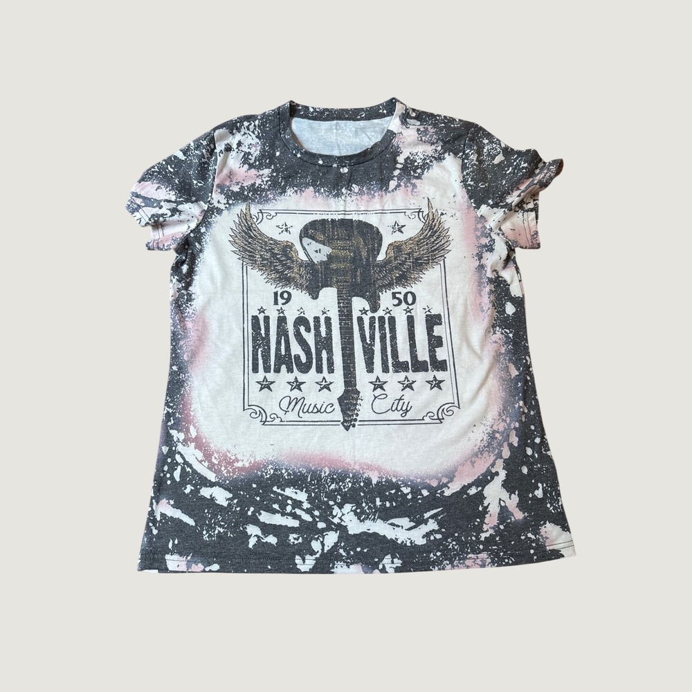 Nashville Music City Graphic Tee Women Grey Pink Bleached Acid Wash SIZE M